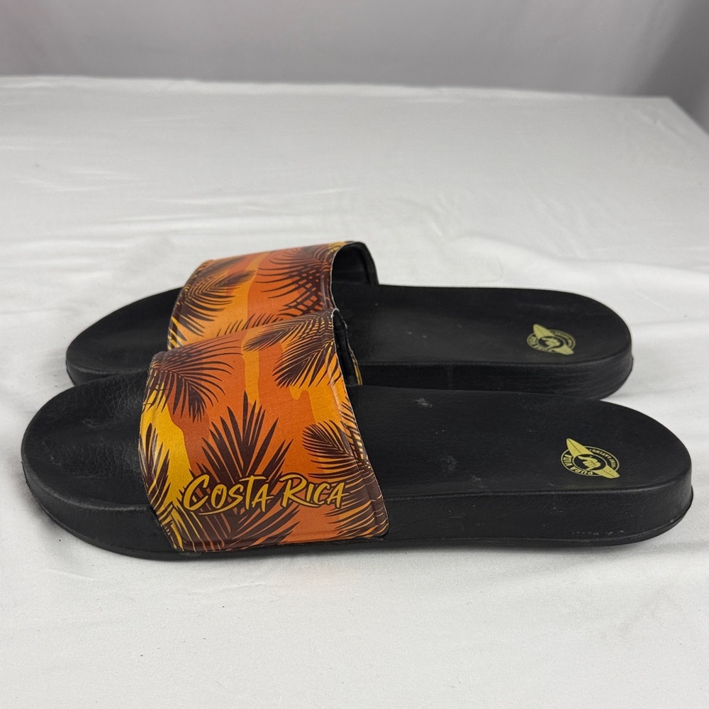 Pura Vida Black Slides with Orange and Yellow Tropical Strap